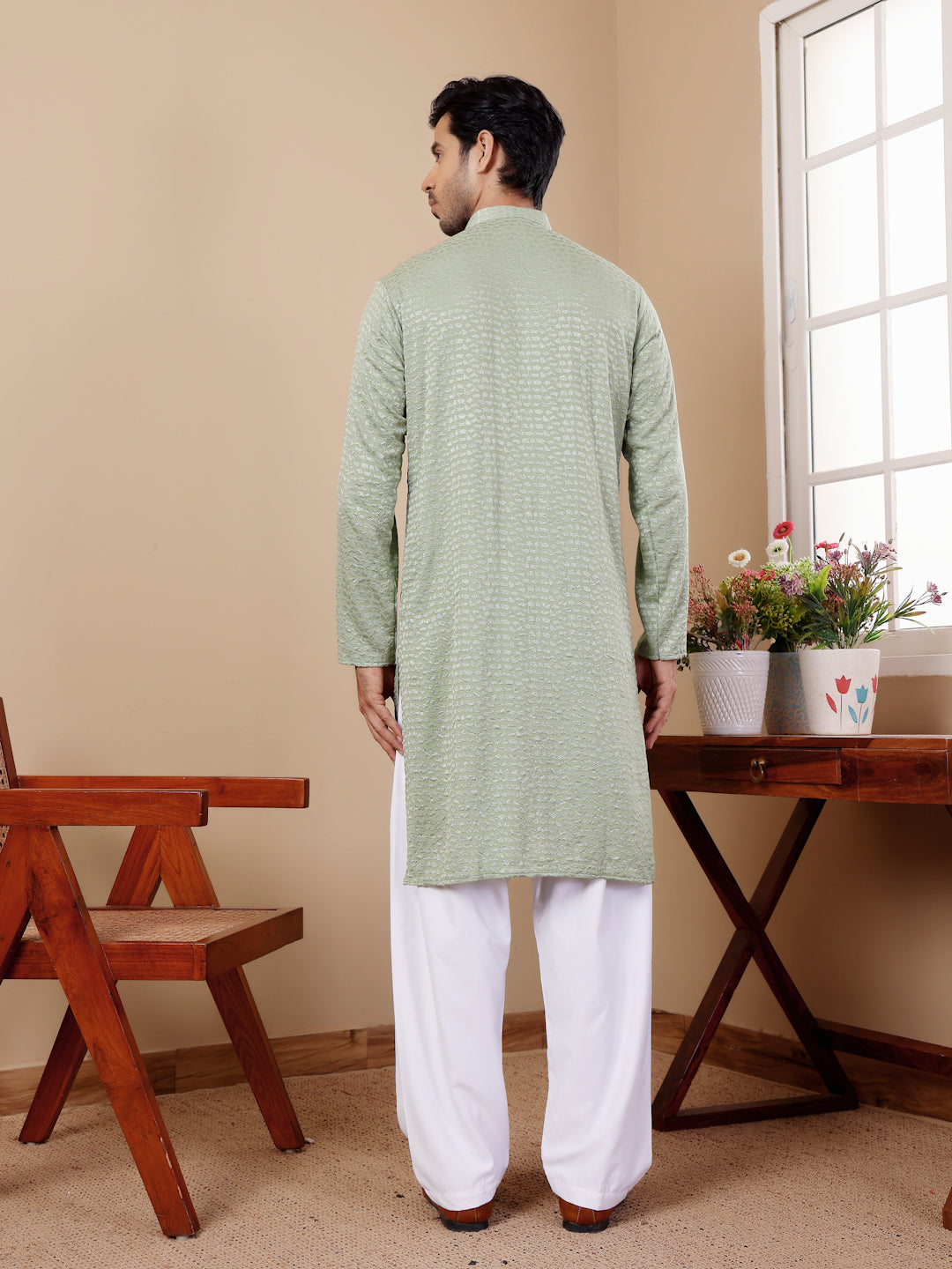 Pastel Green Chikankari Kurta Pajama Set for Men