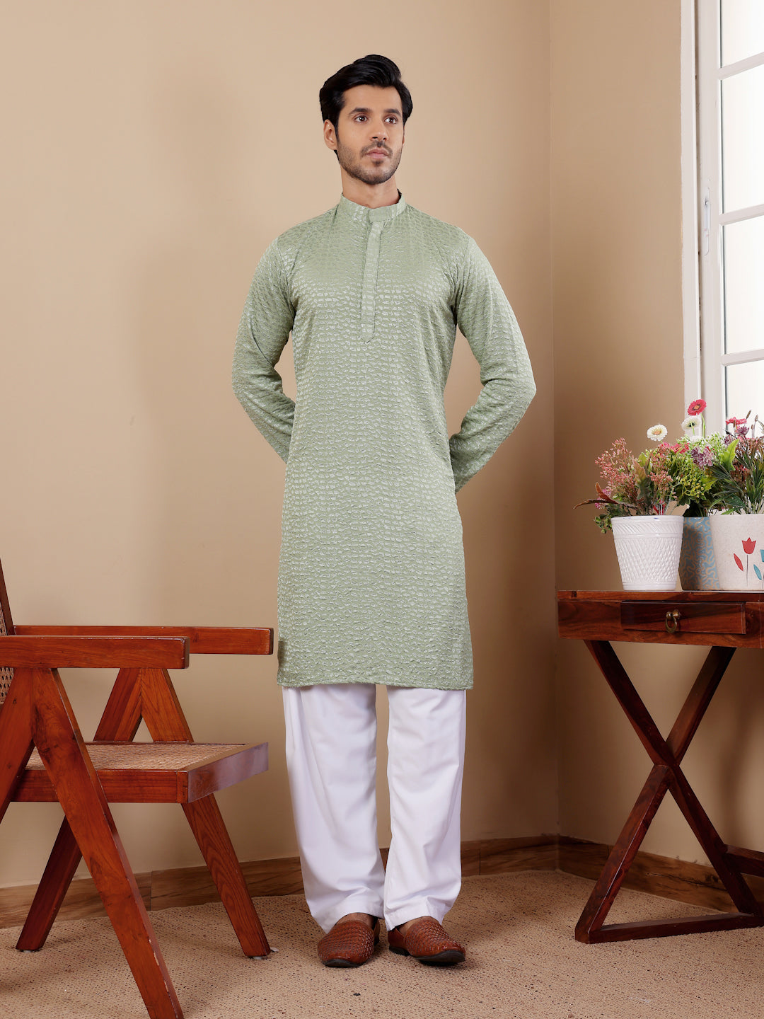 Pastel Green Chikankari Kurta Pajama Set for Men