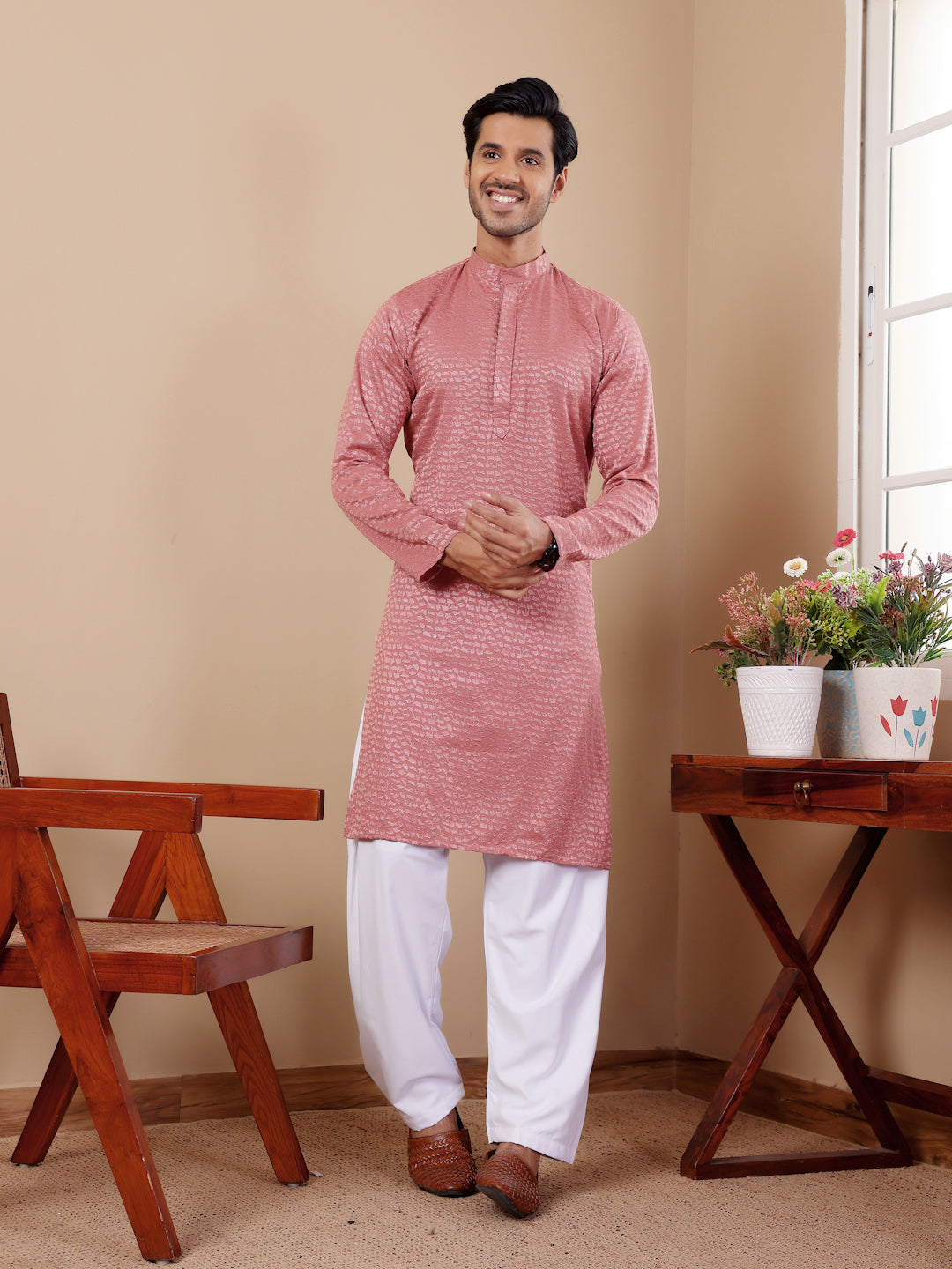 Onion Pink Chikankari Kurta Pajama Set for Men