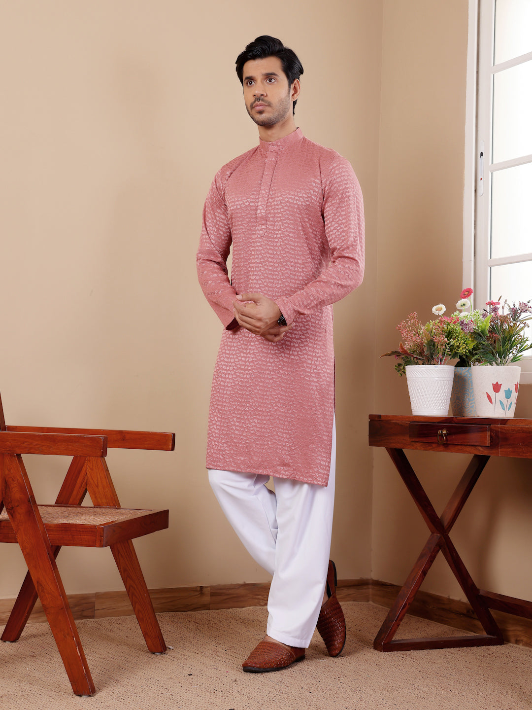 Onion Pink Chikankari Kurta Pajama Set for Men