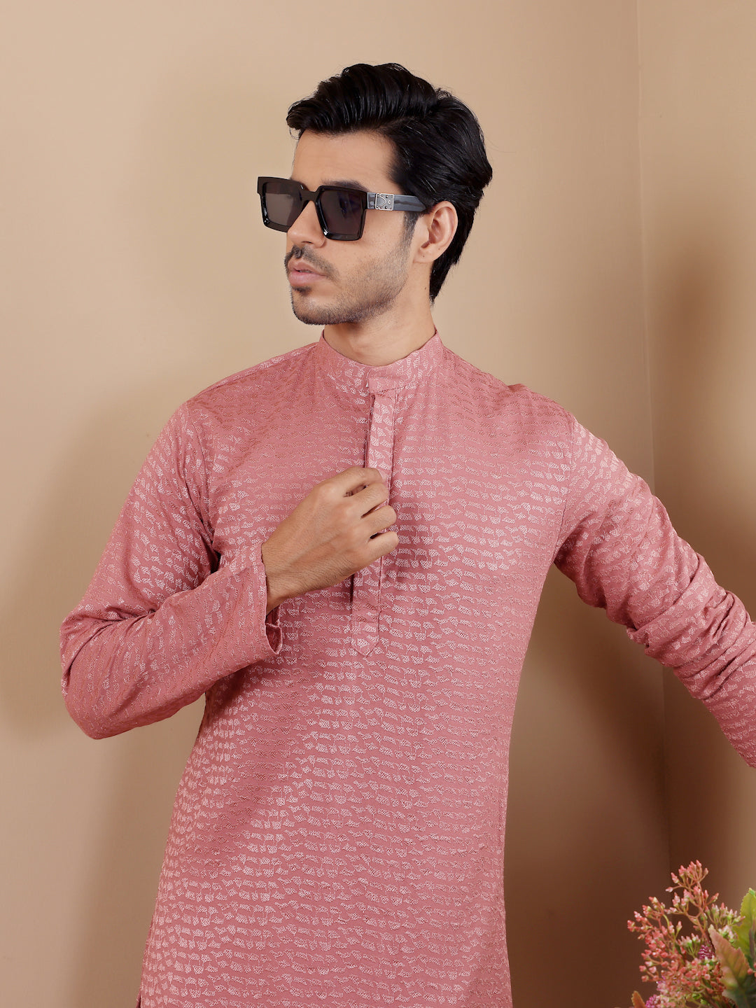 Onion Pink Chikankari Kurta Pajama Set for Men