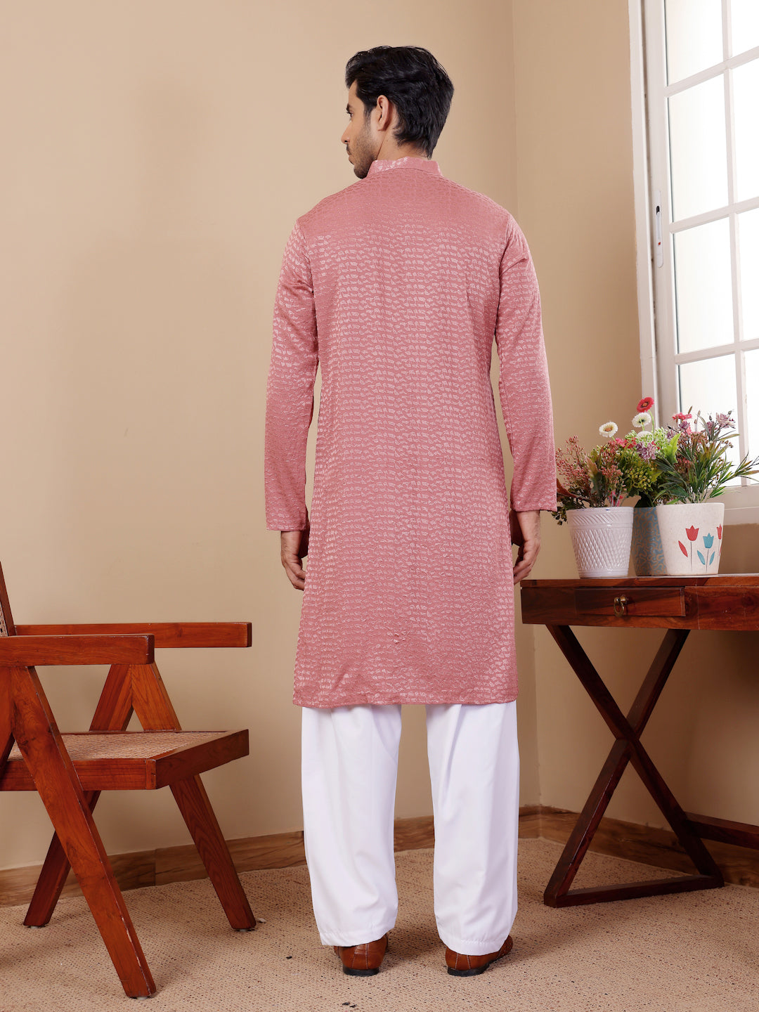 Onion Pink Chikankari Kurta Pajama Set for Men