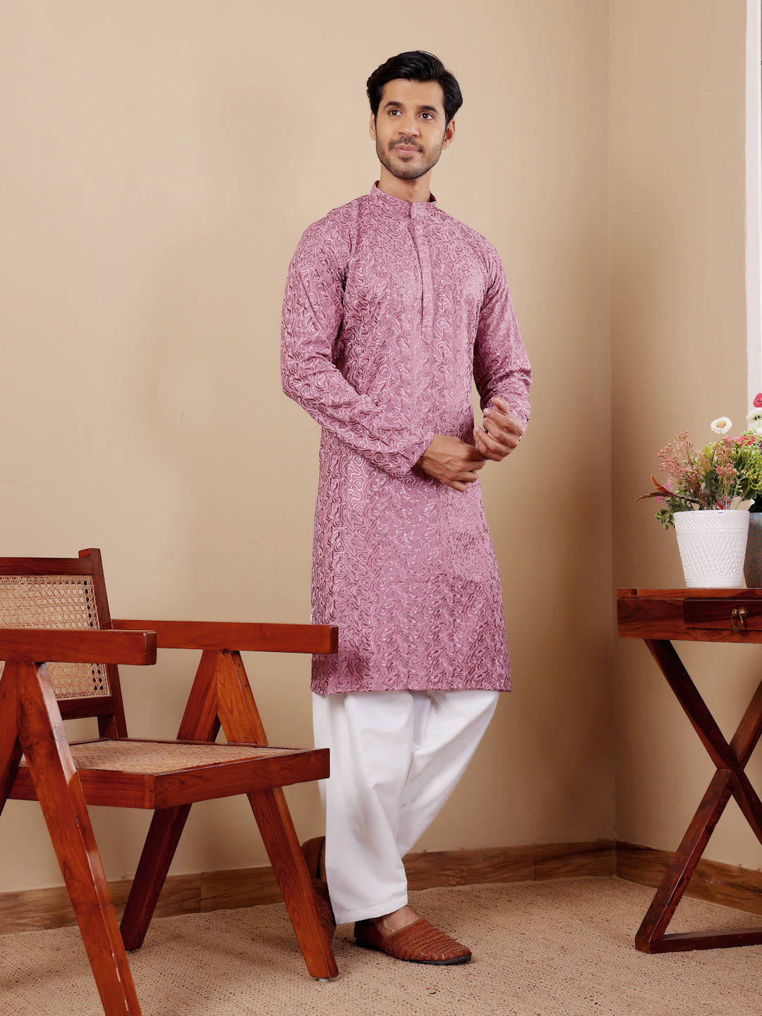 Pinkish Purple Embroidered Kurta Pajama Set for Men