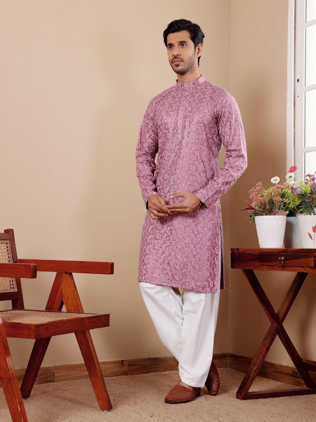 Pinkish Purple Embroidered Kurta Pajama Set for Men