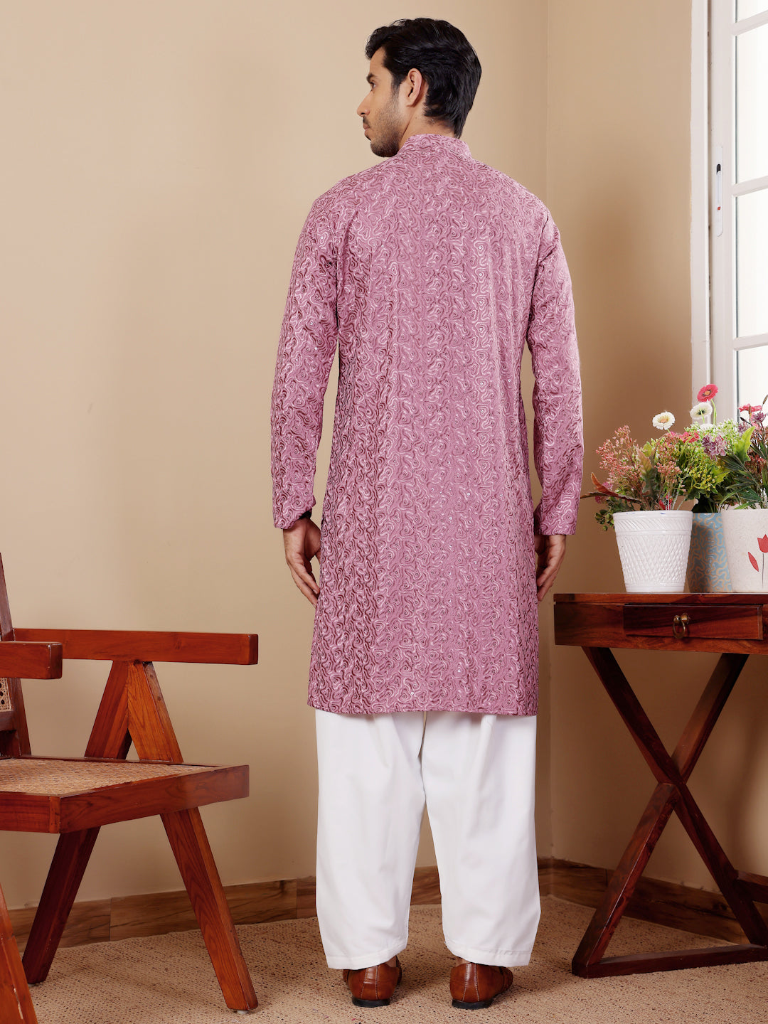 Pinkish Purple Embroidered Kurta Pajama Set for Men