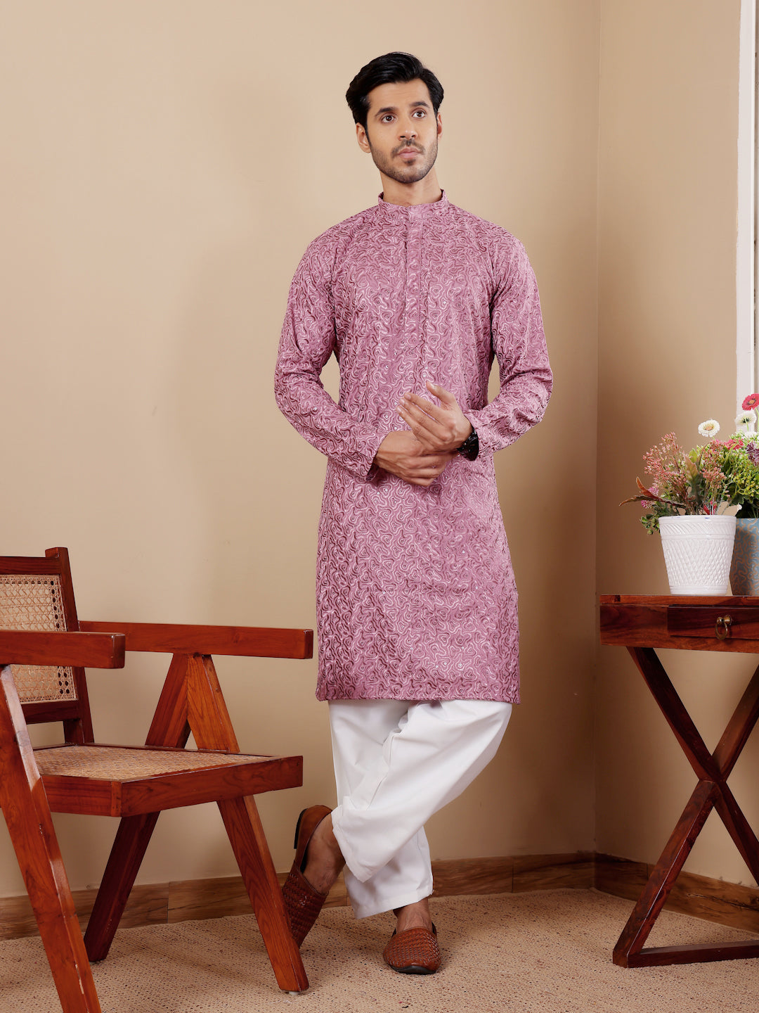 Pinkish Purple Embroidered Kurta Pajama Set for Men