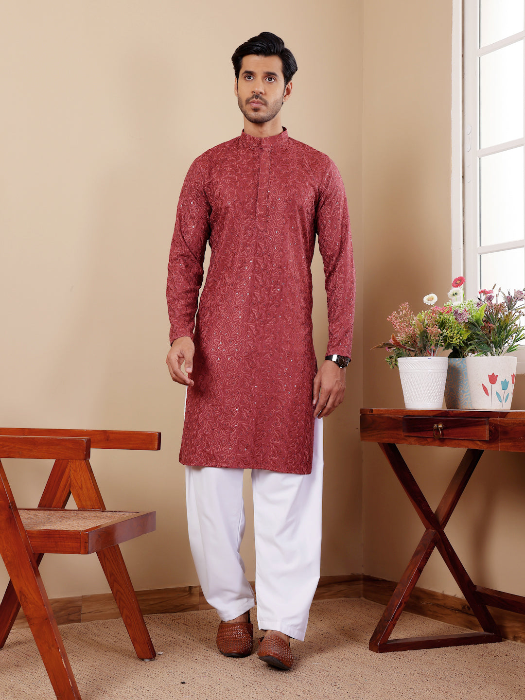 Berry Red Embroidered Kurta Pajama Set for Men