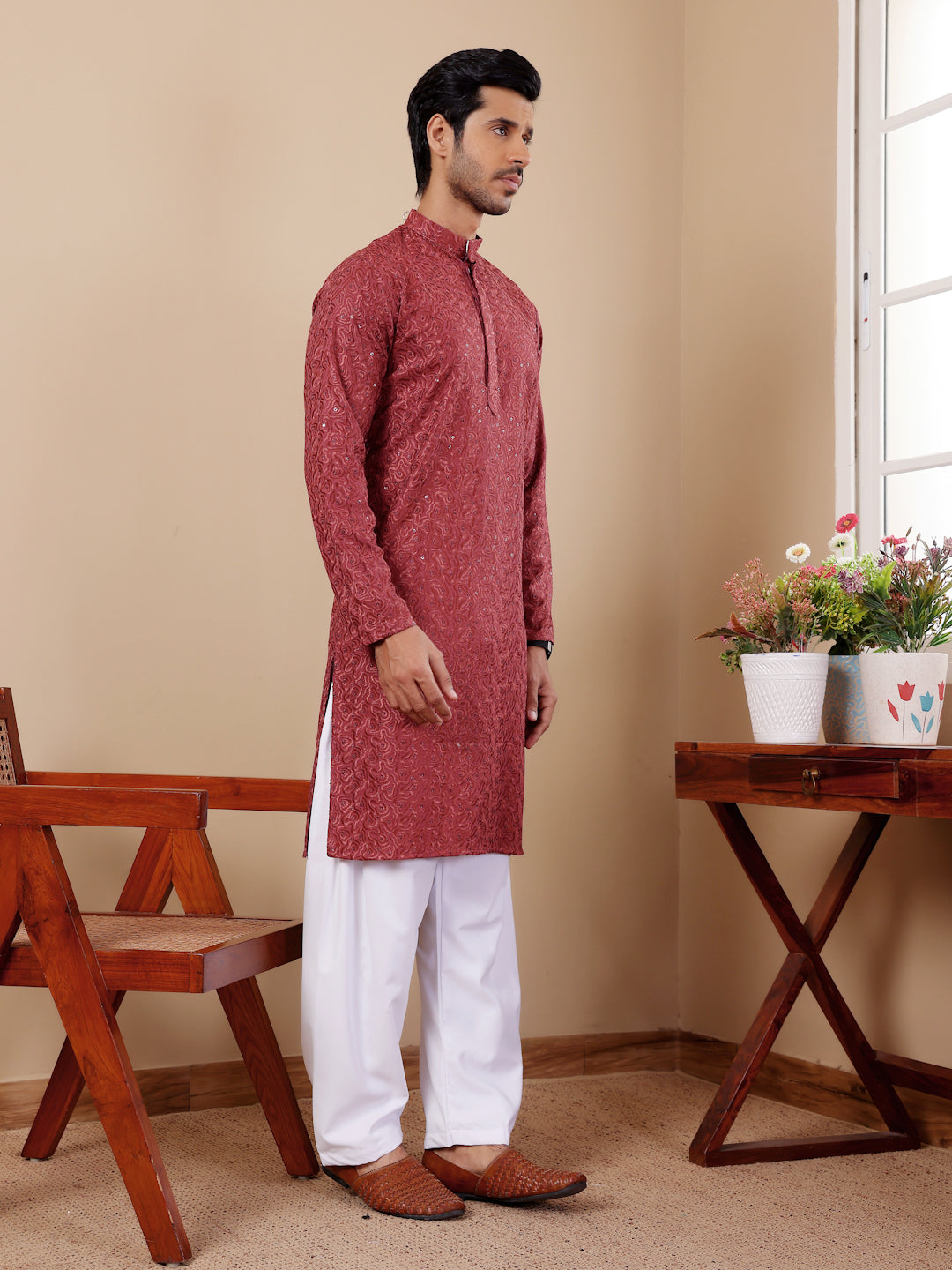 Berry Red Embroidered Kurta Pajama Set for Men