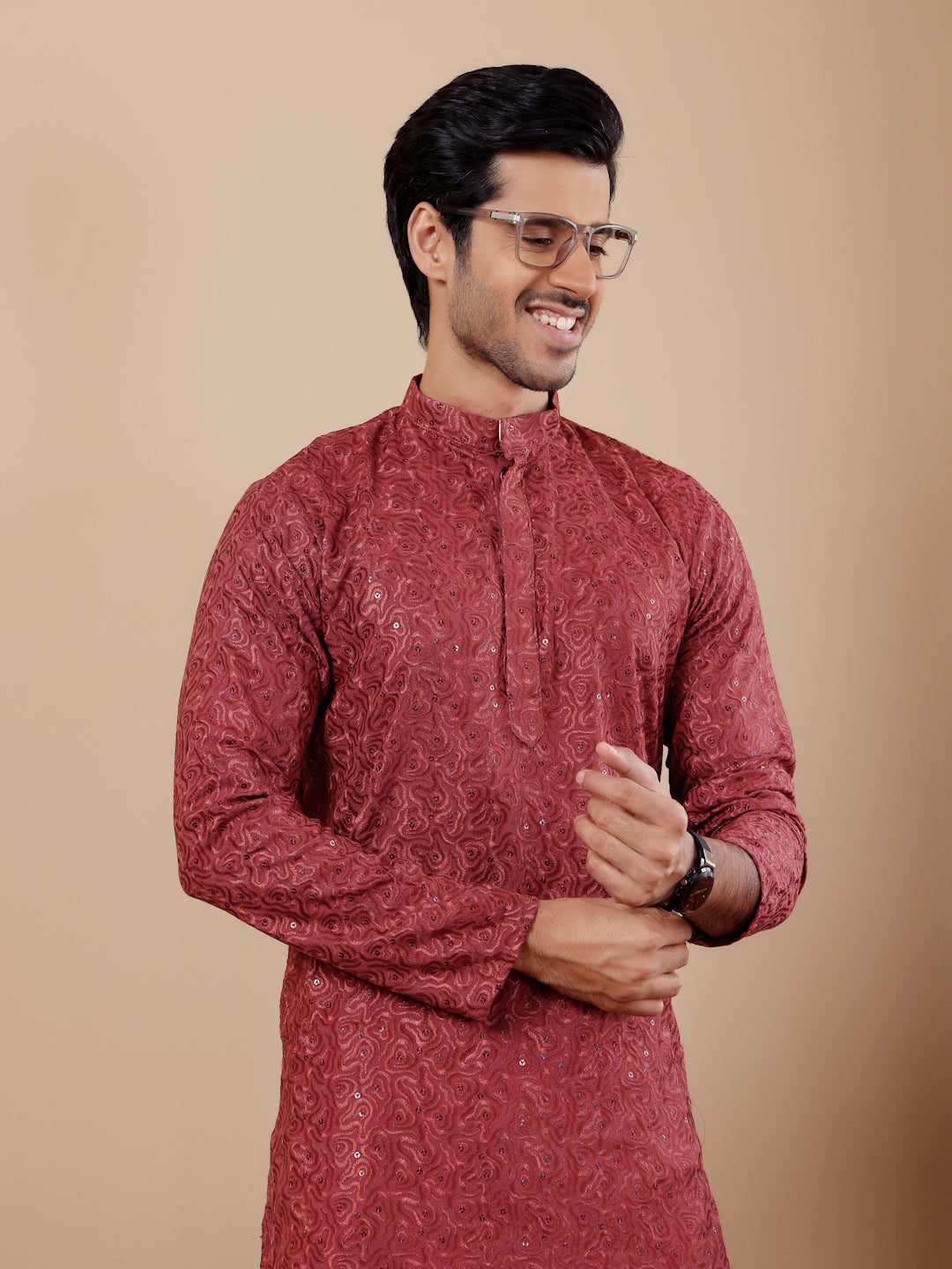 Berry Red Embroidered Kurta Pajama Set for Men