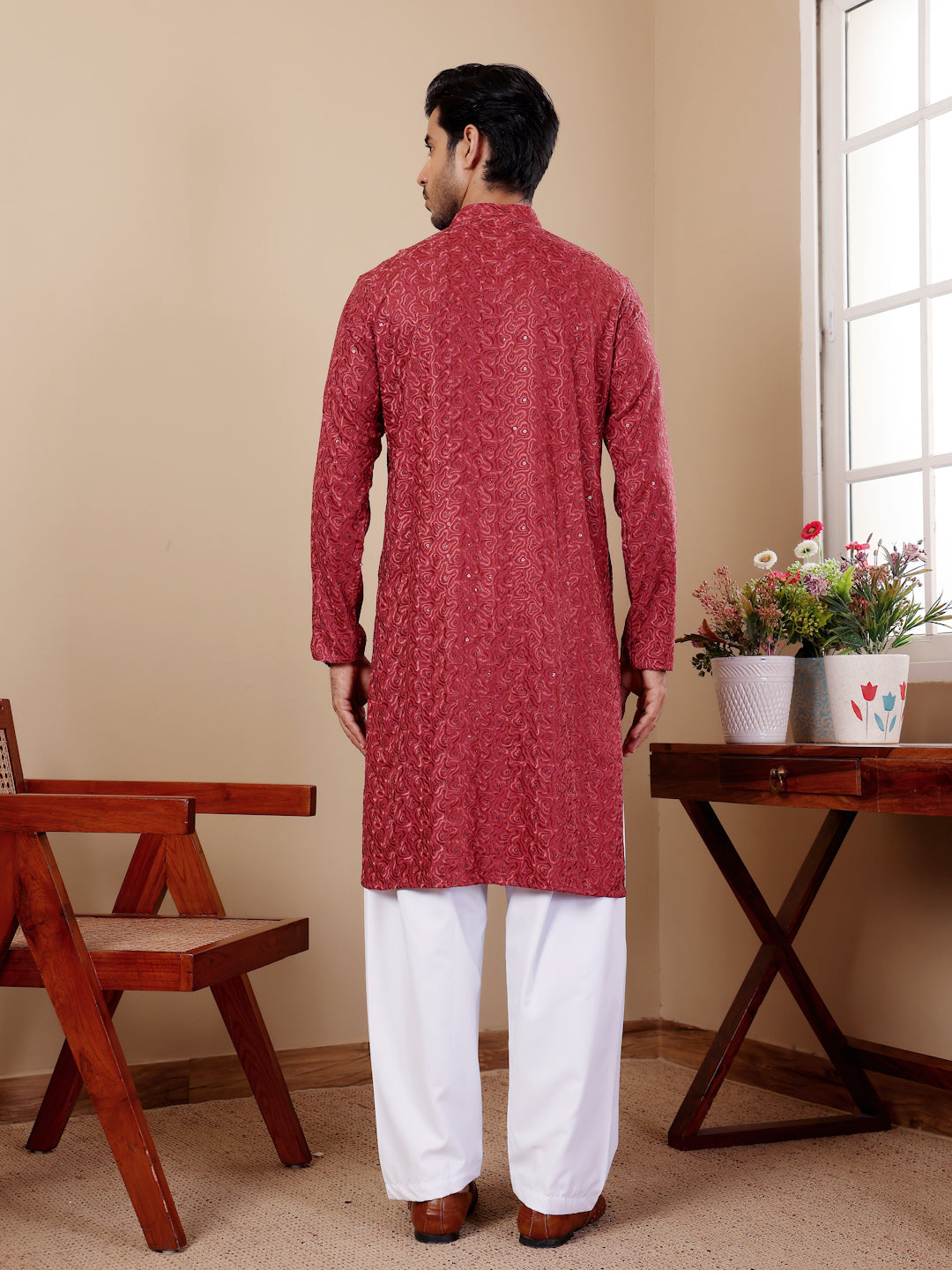 Berry Red Embroidered Kurta Pajama Set for Men