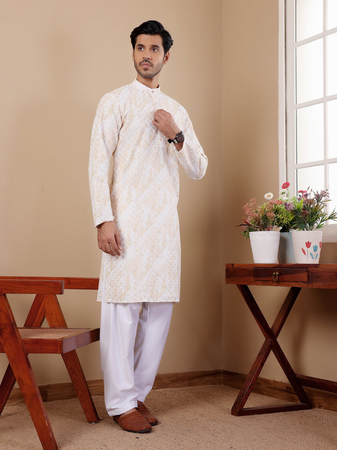 Elegant Yellow Tie-Dye Kurta in Jacquard Cotton Blend