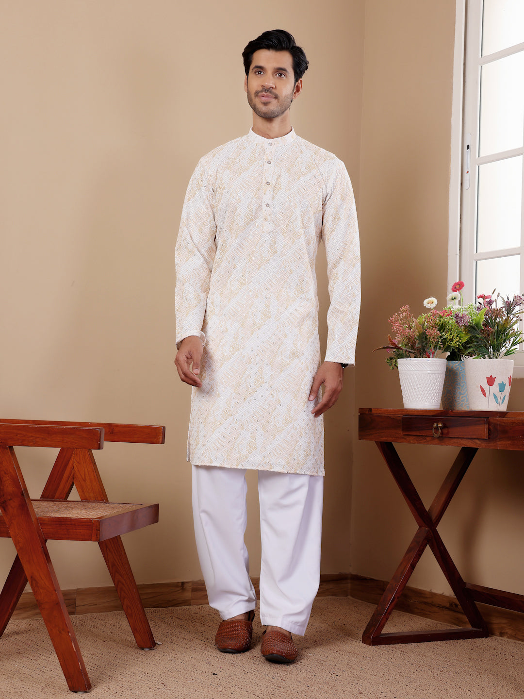 Elegant Yellow Tie-Dye Kurta in Jacquard Cotton Blend