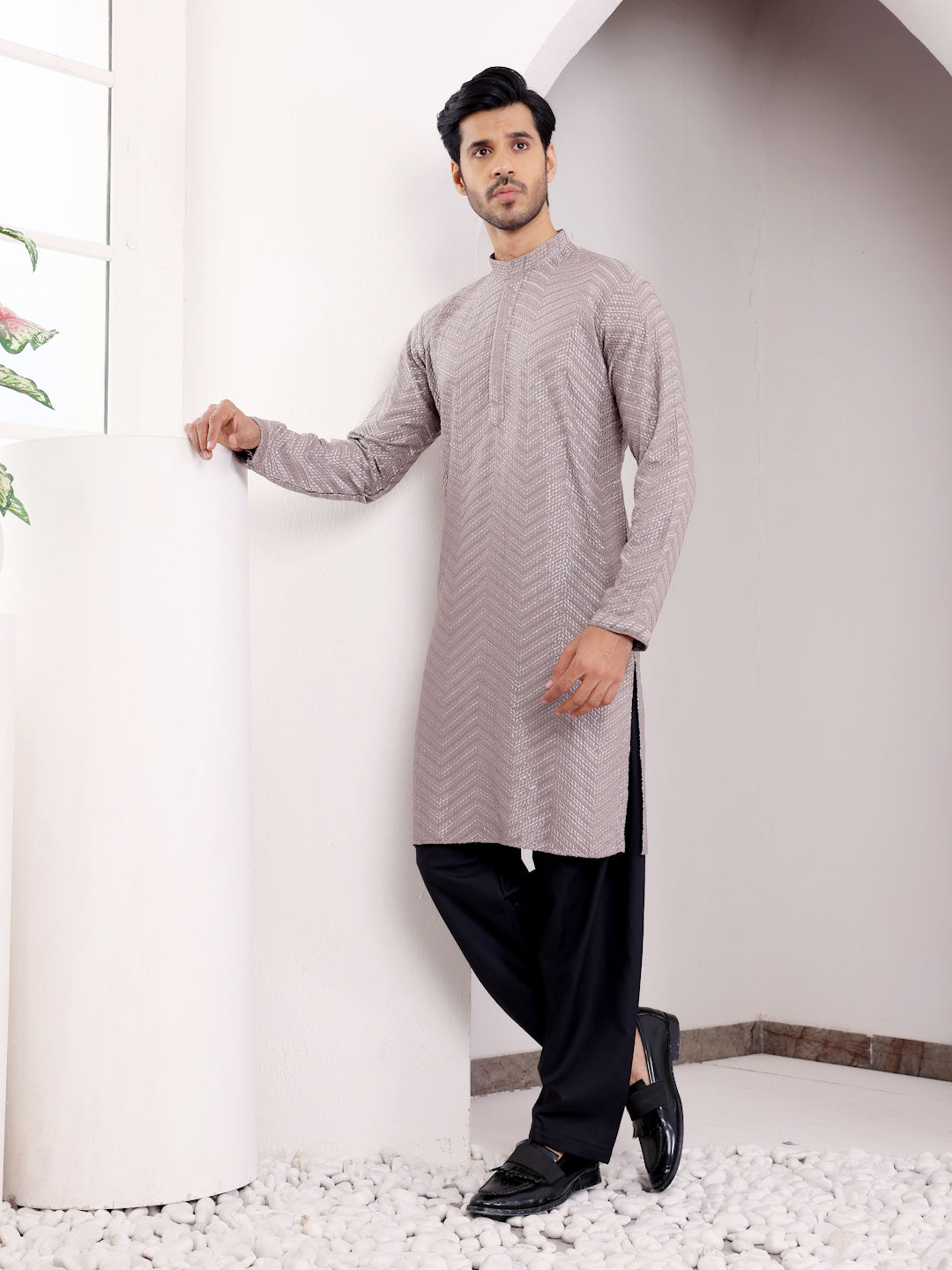 Men's Grey Designer Chikankari Embroidered Viscose Kurta