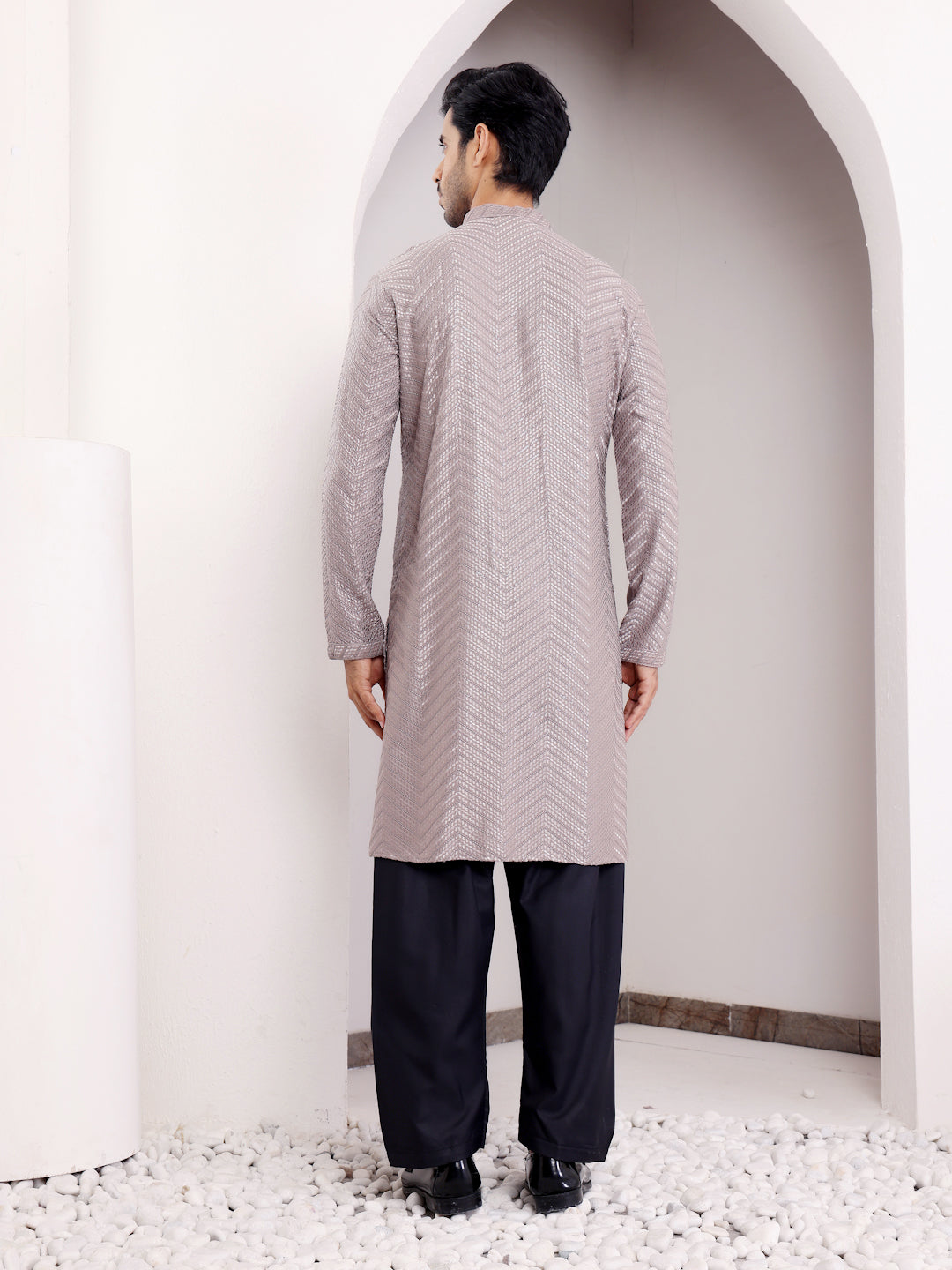 Men's Grey Designer Chikankari Embroidered Viscose Kurta