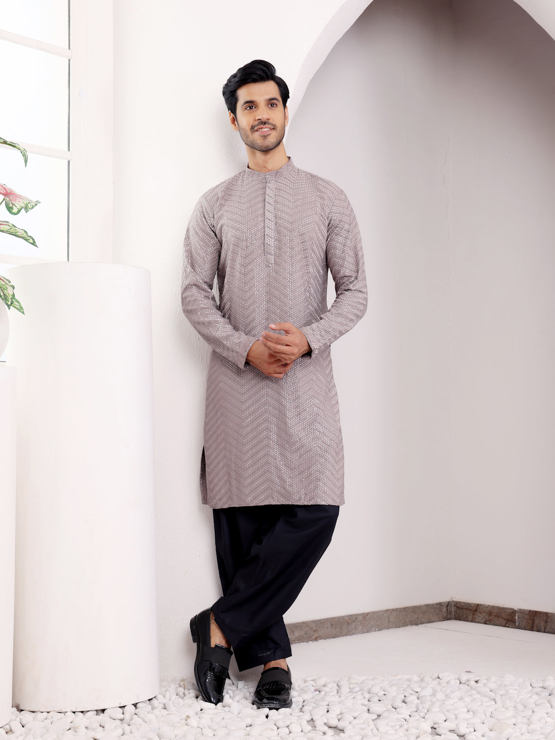 Men's Grey Designer Chikankari Embroidered Viscose Kurta