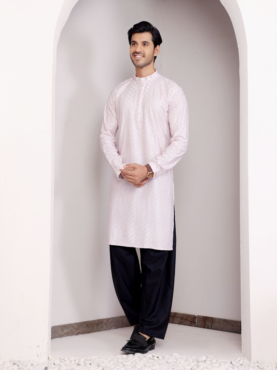 Men's Light Pink Designer Chikankari Embroidered Viscose Kurta