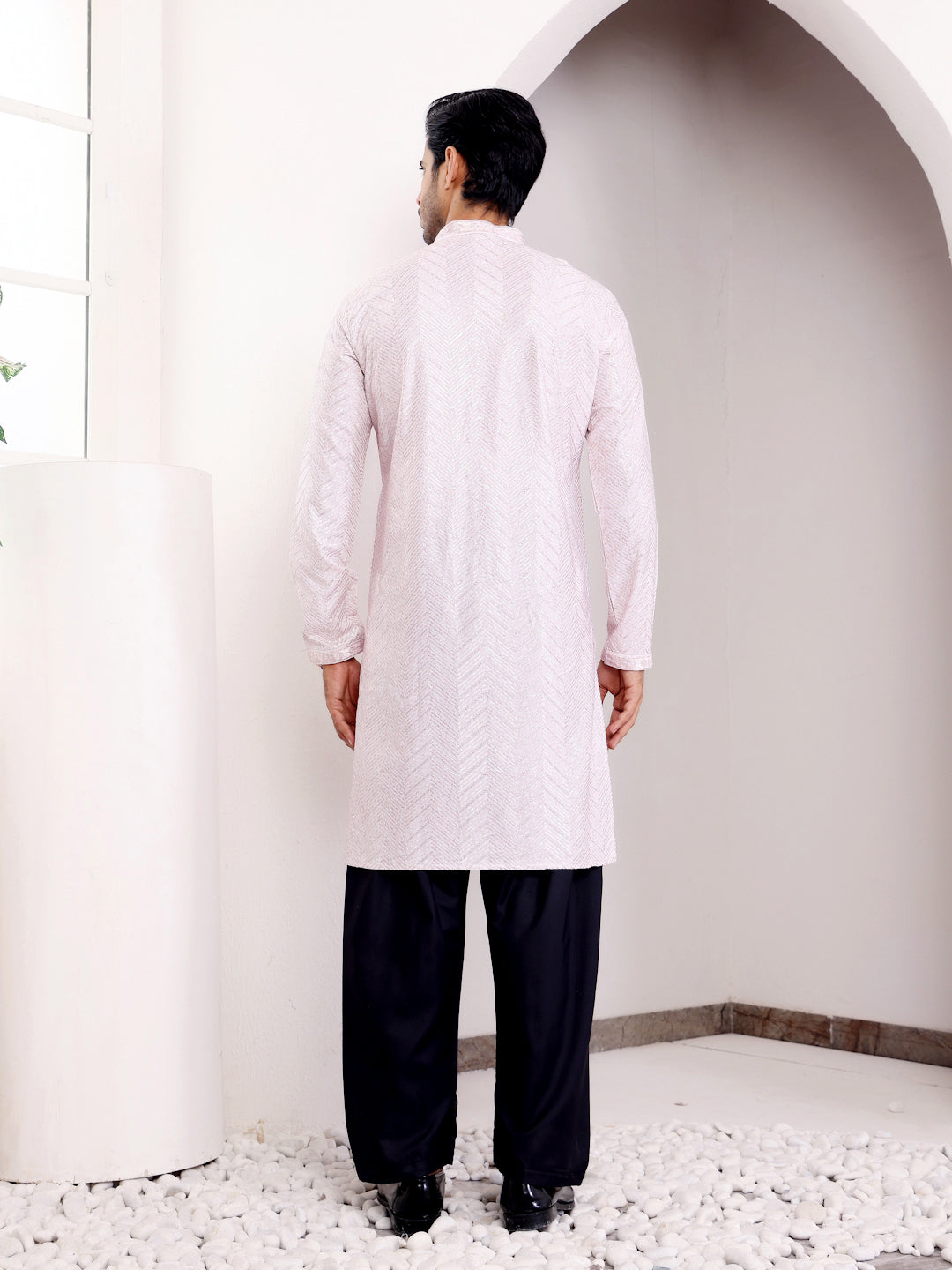 Men's Light Pink Designer Chikankari Embroidered Viscose Kurta