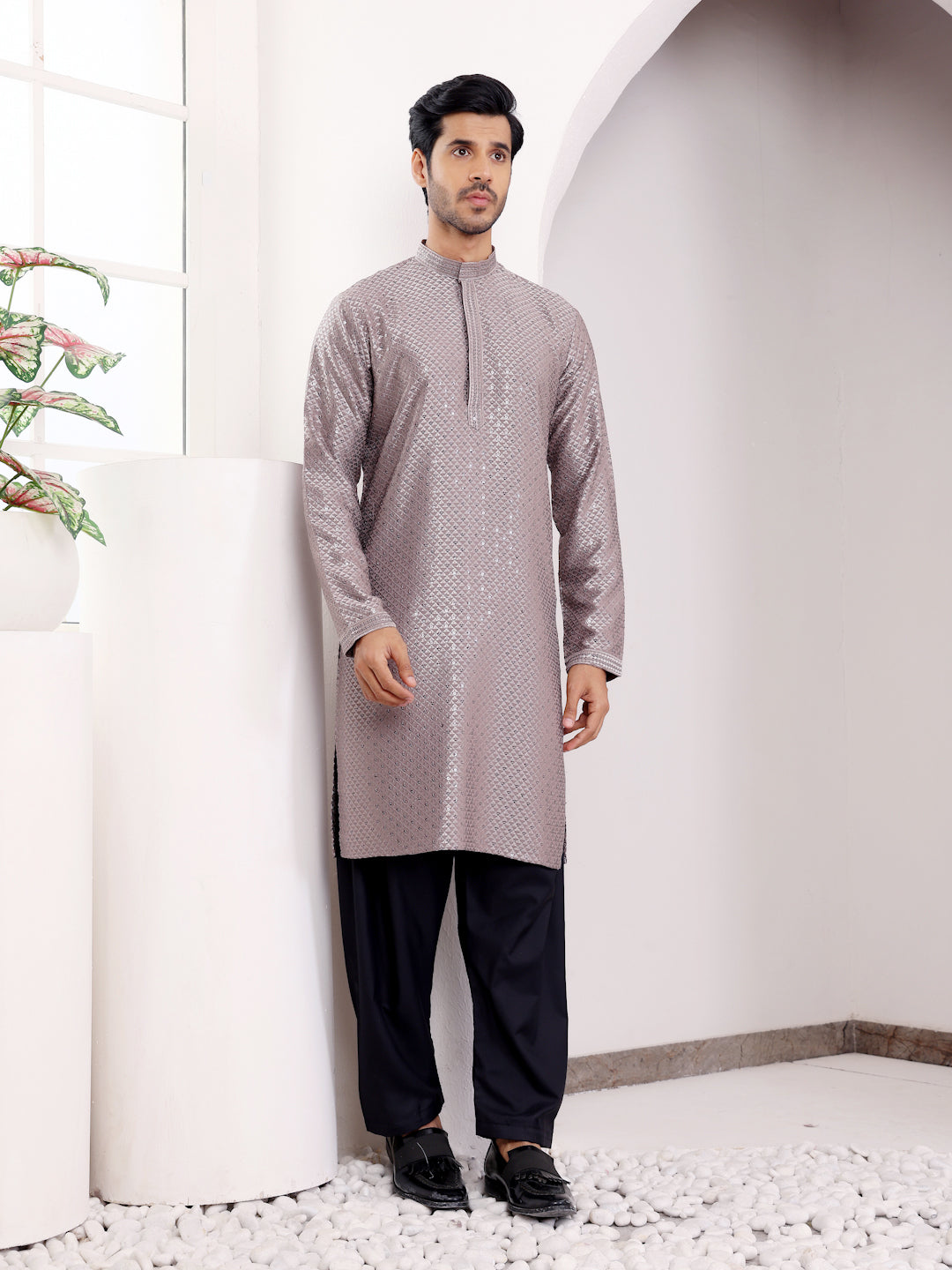 Men's Brown-Grey Glossy Kurta with Diamond Pattern Embroidery