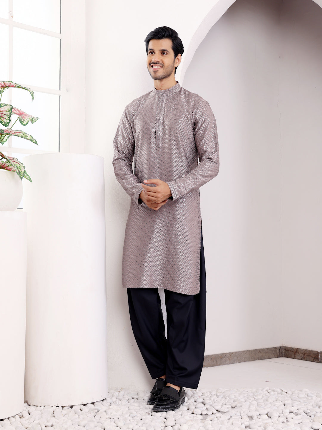 Men's Brown-Grey Glossy Kurta with Diamond Pattern Embroidery