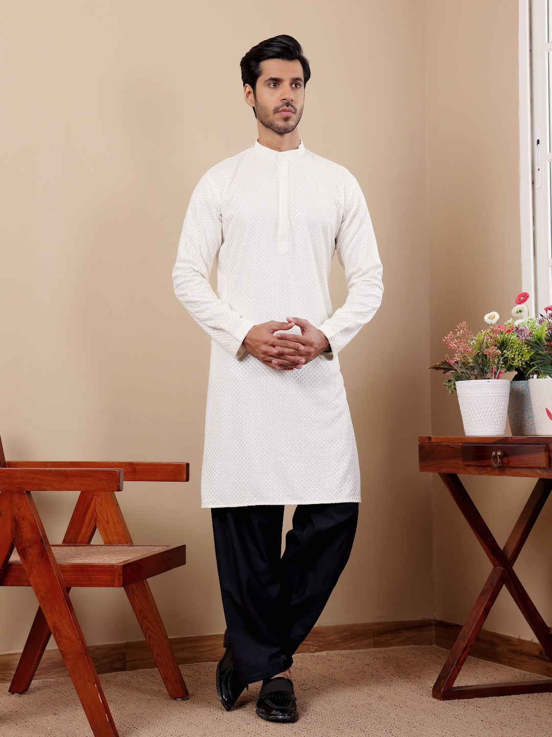 Men's Elegant White Kurta with Self-Design Embroidery