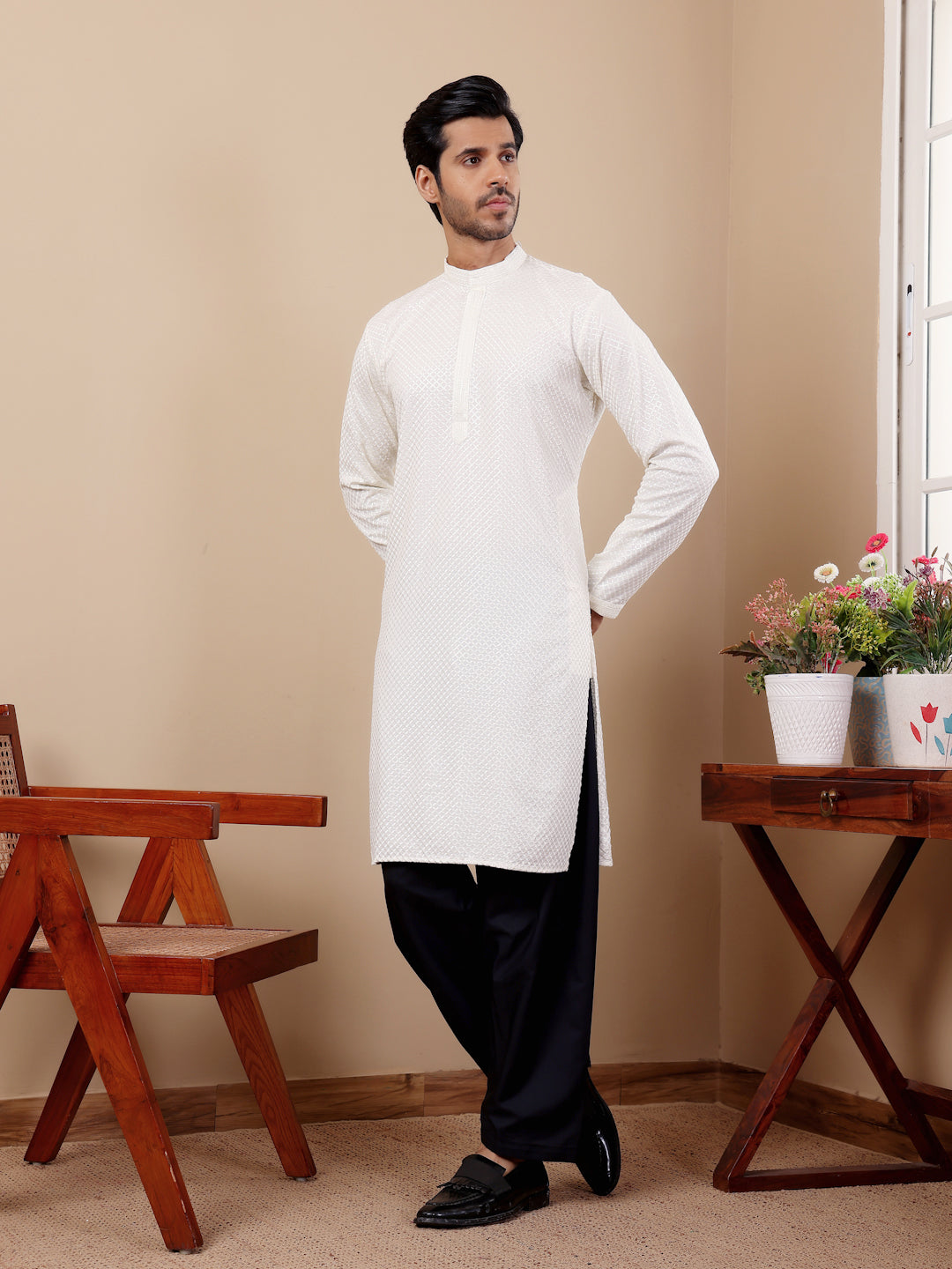 Men's Elegant White Kurta with Self-Design Embroidery