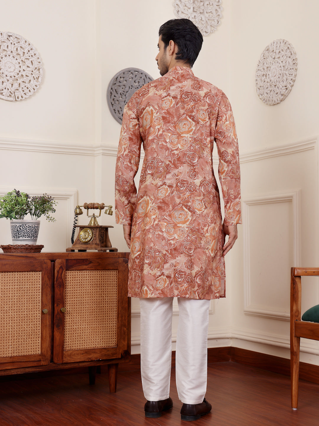 Men's Brown Floral Printed Kurta with White Pajama