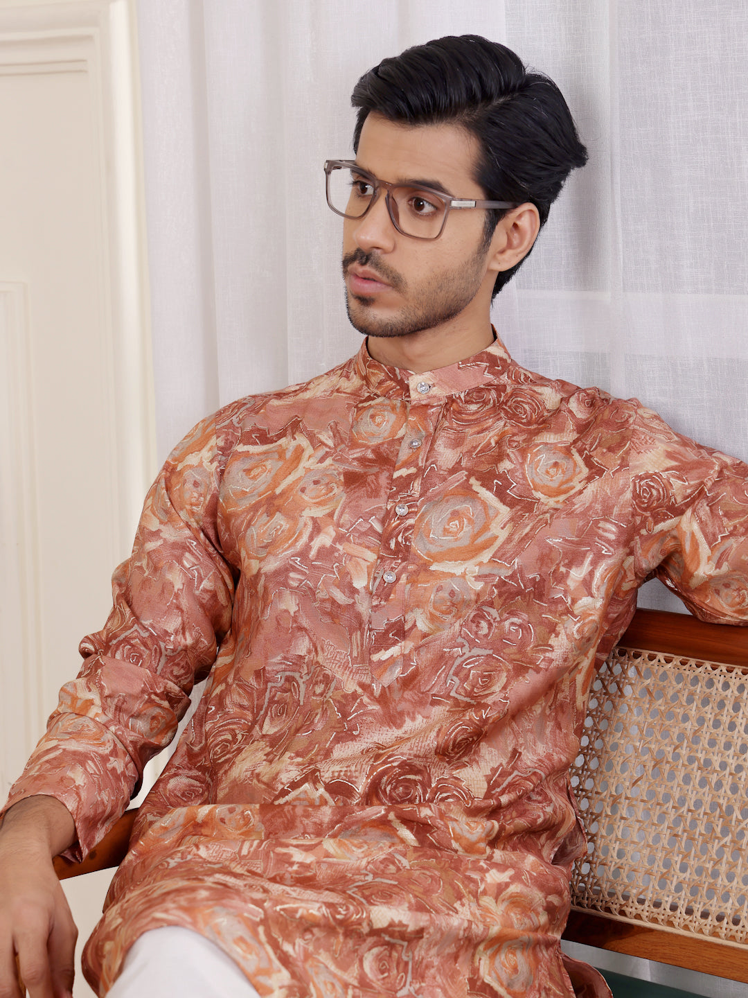 Men's Brown Floral Printed Kurta with White Pajama
