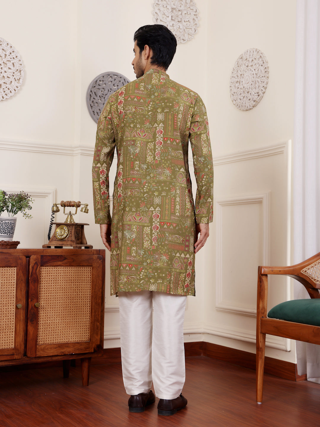 Men's Green Ethnic Printed Kurta with White Pajama