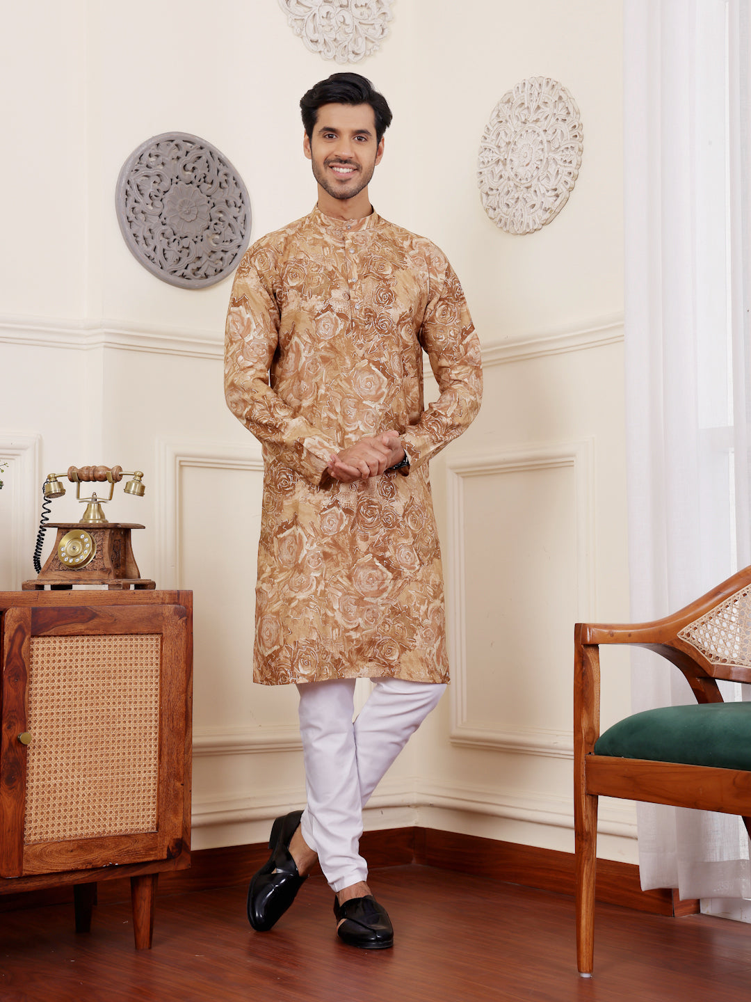 Men's Light Brown Floral Printed Kurta with White Pajama