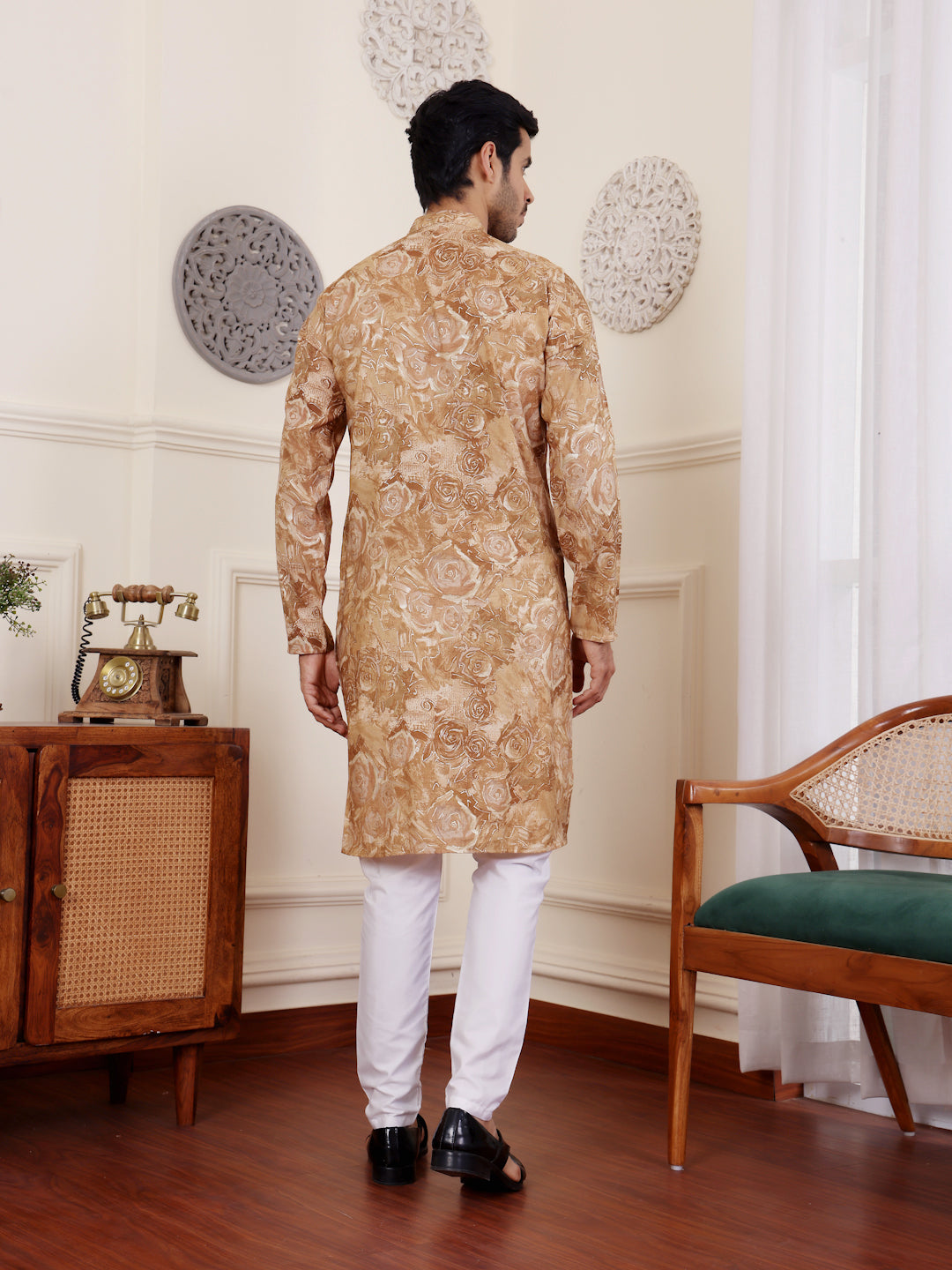 Men's Light Brown Floral Printed Kurta with White Pajama