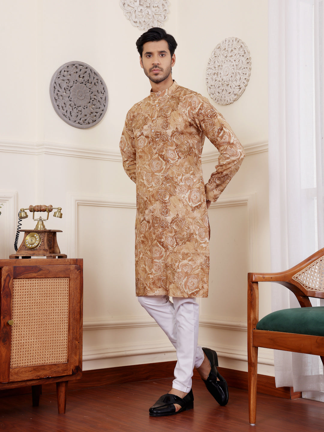 Men's Light Brown Floral Printed Kurta with White Pajama