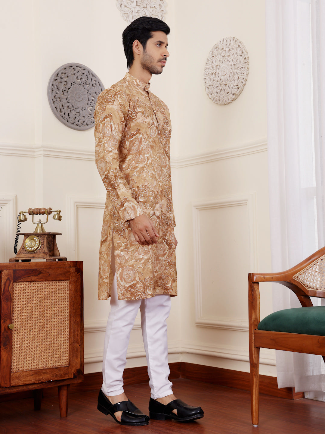 Men's Light Brown Floral Printed Kurta with White Pajama
