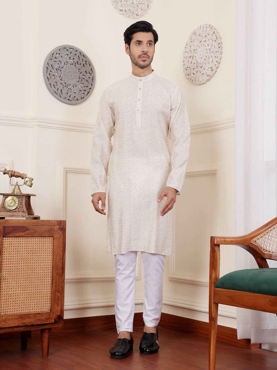Men's Off White Subtle Printed Kurta with White Pajama