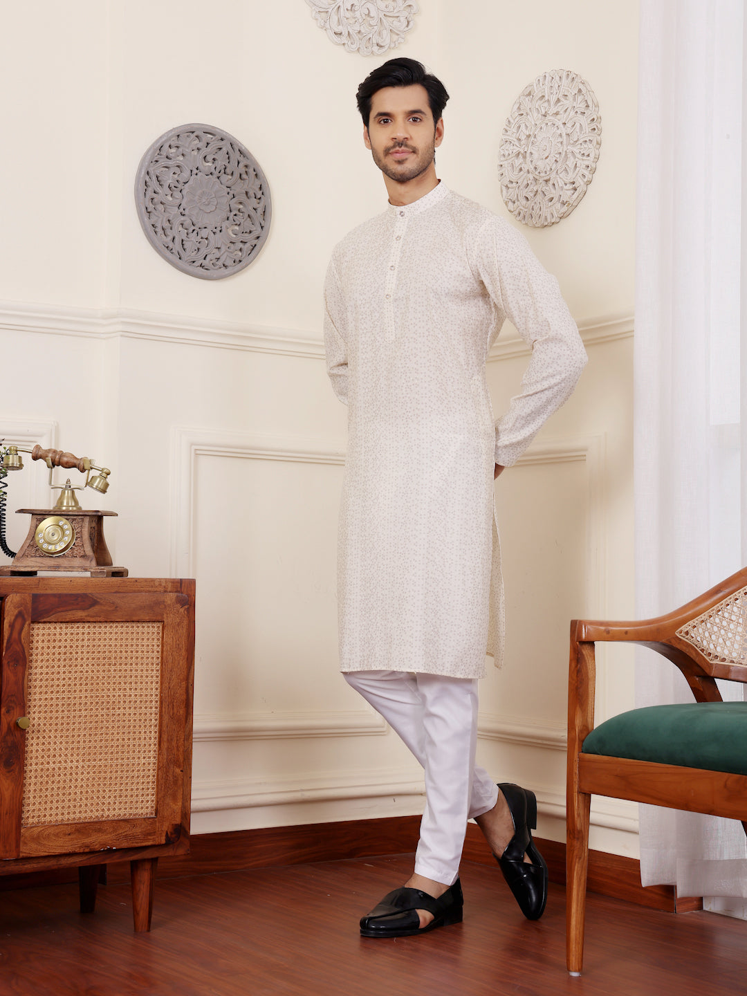 Men's Off White Subtle Printed Kurta with White Pajama