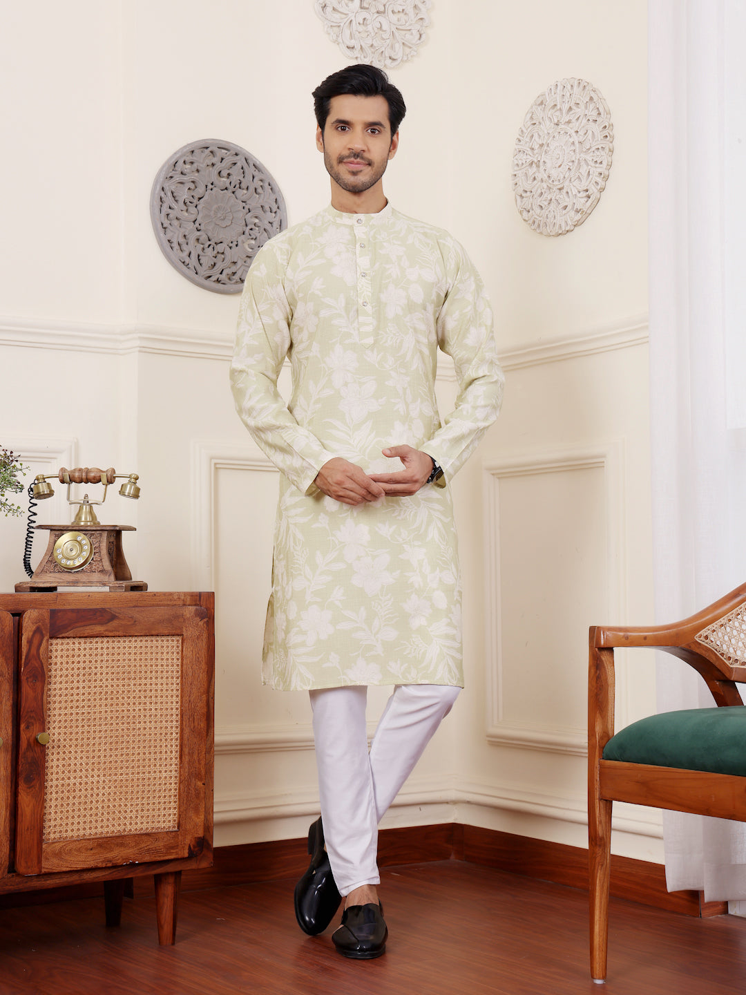 Men's Light Green Floral Printed Kurta with White Pajama
