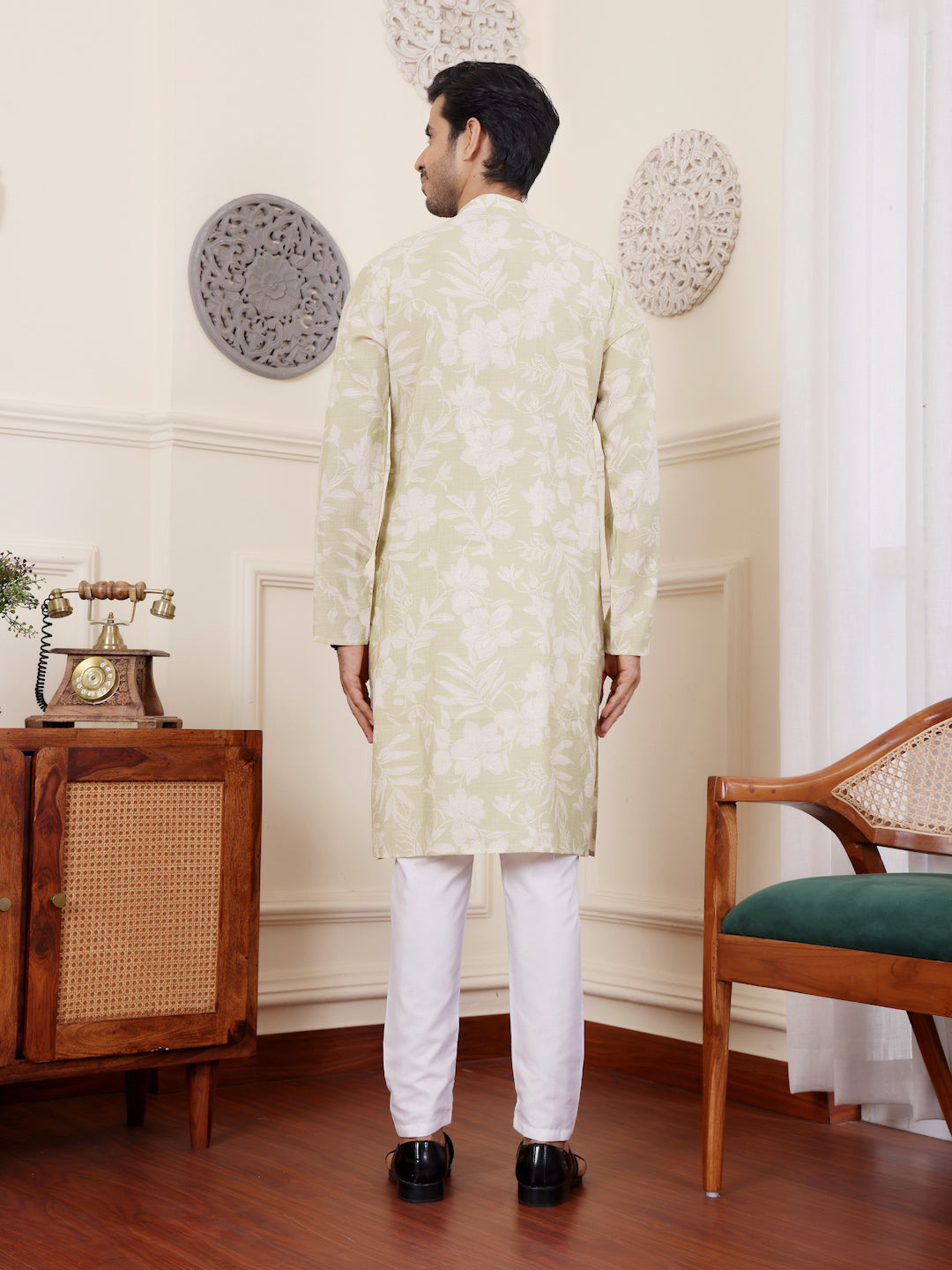 Men's Light Green Floral Printed Kurta with White Pajama