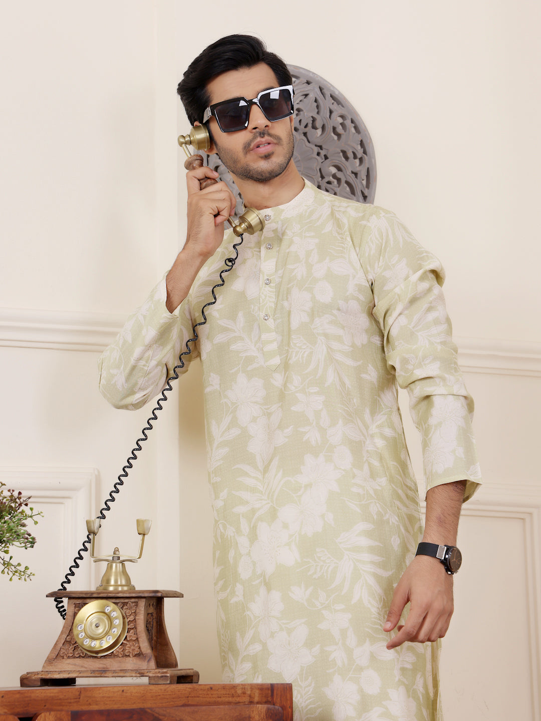 Men's Light Green Floral Printed Kurta with White Pajama