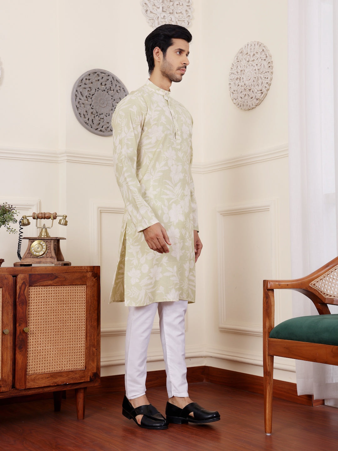 Men's Light Green Floral Printed Kurta with White Pajama
