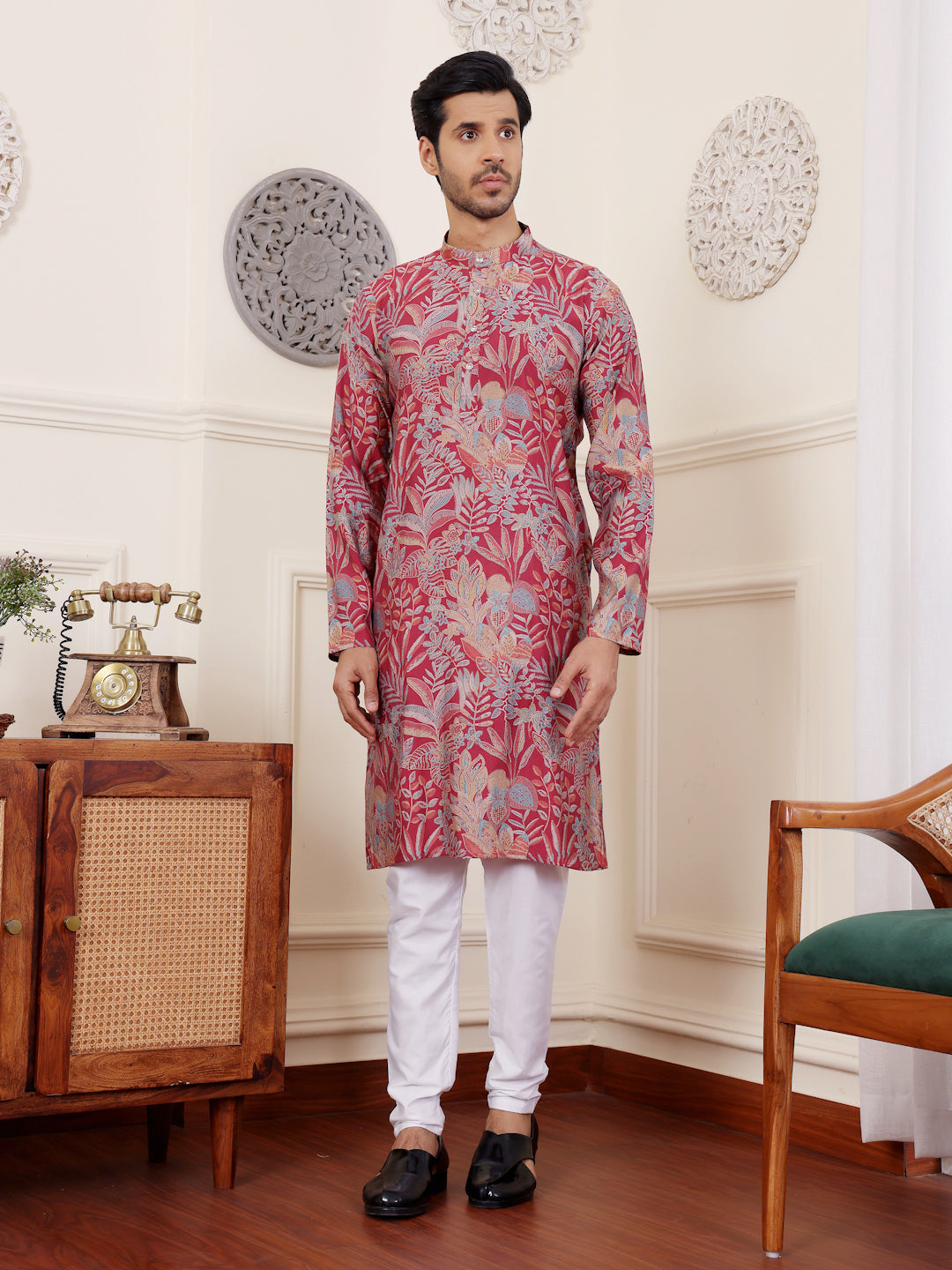 Men's Pink Floral Printed Kurta with White Pajama