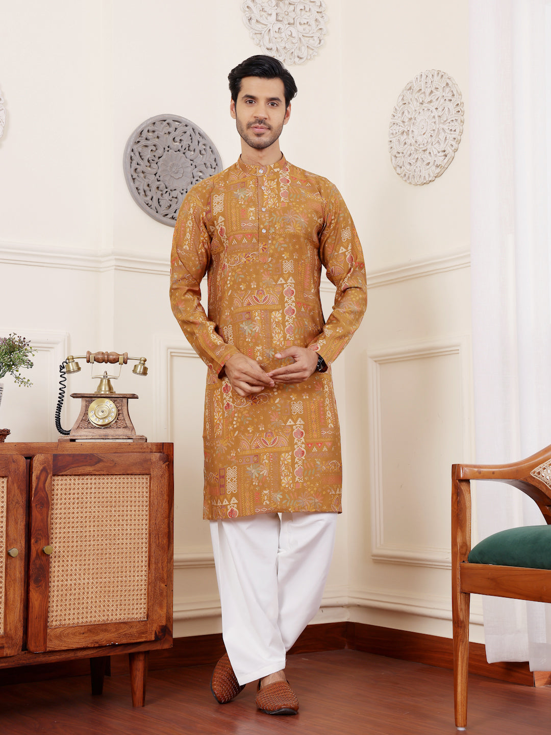 Men's Brownish Yellow Printed Kurta with White Salwar