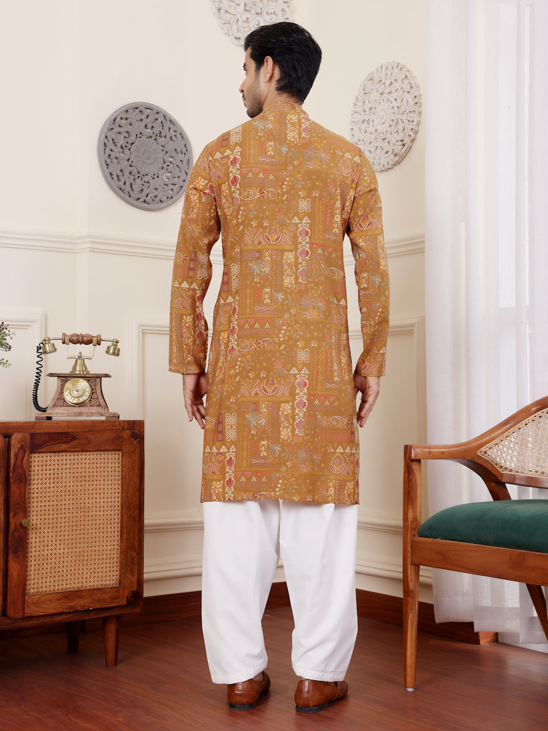 Men's Brownish Yellow Printed Kurta with White Salwar