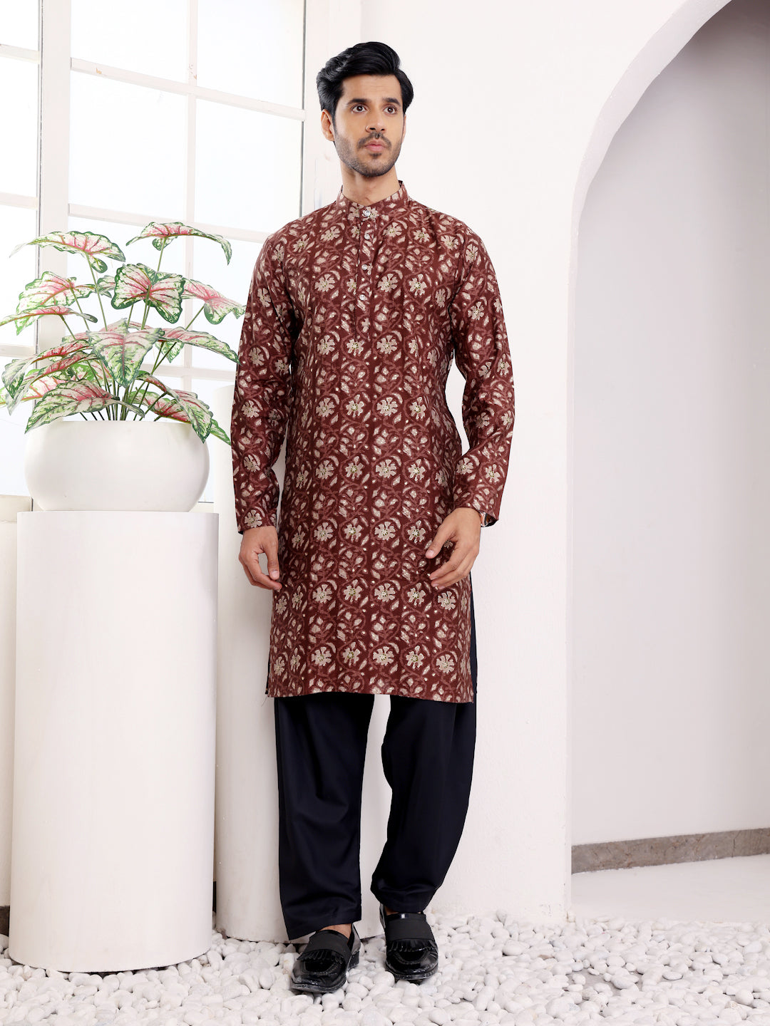 Men's Maroon Designer Printed Modal Silk Kurta with Black Salwar