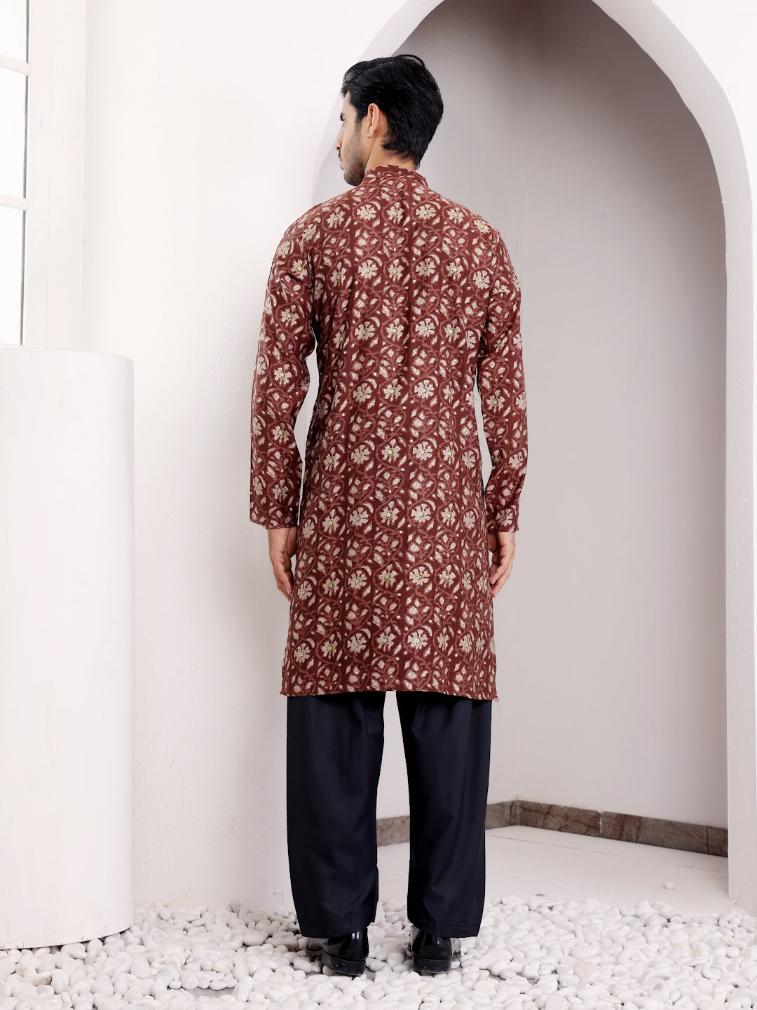 Men's Maroon Designer Printed Modal Silk Kurta with Black Salwar