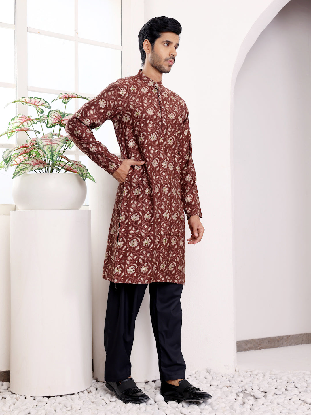 Men's Maroon Designer Printed Modal Silk Kurta with Black Salwar