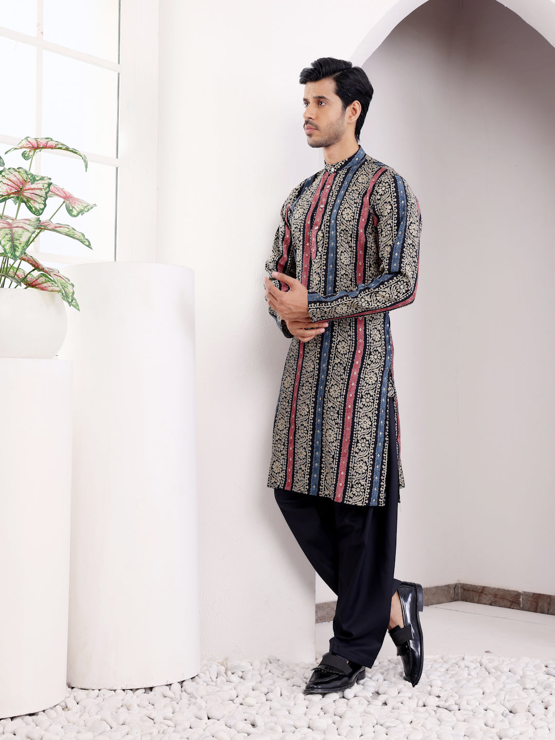 Men's Multicolor Vertical Stripe Printed Modal Silk Kurta with Black Salwar
