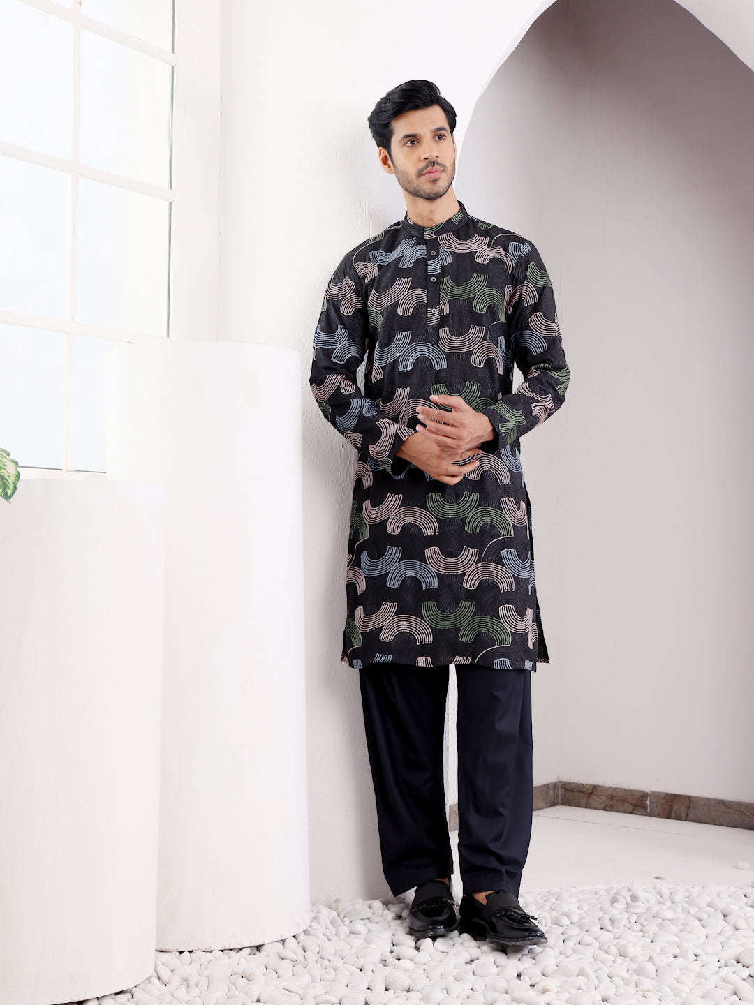 Black Linen Kurta Set with Embroidery Work