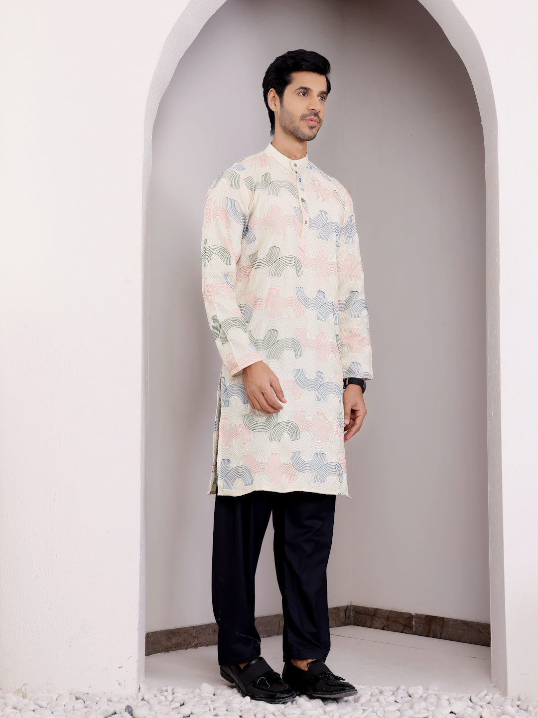 Cream Linen Kurta Set with Embroidery Work