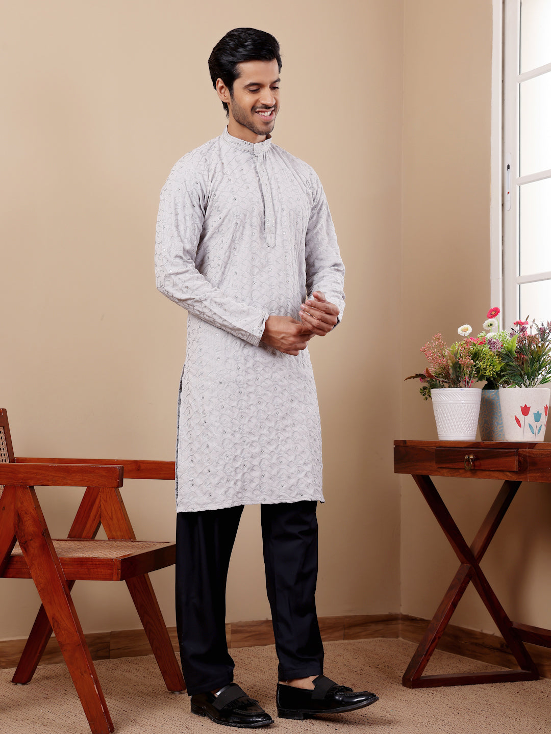 Light Blue Linen Kurta Set with Embroidery Work