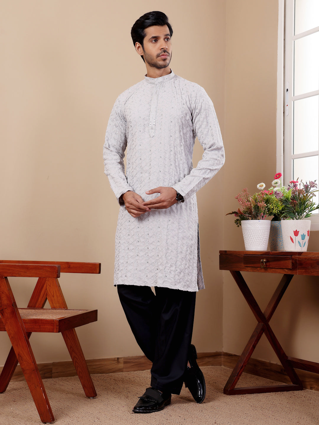 Light Blue Linen Kurta Set with Embroidery Work