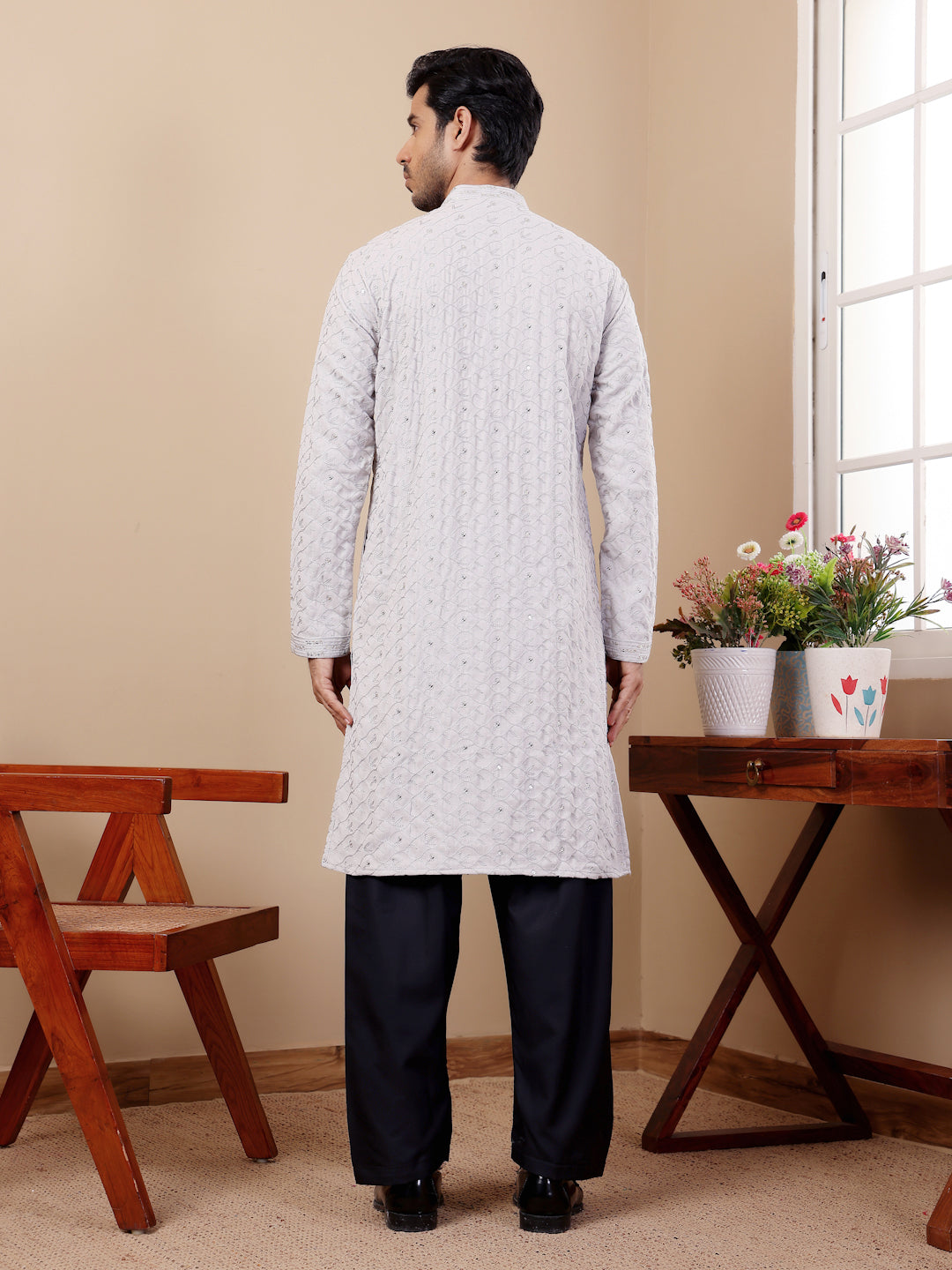 Light Blue Linen Kurta Set with Embroidery Work